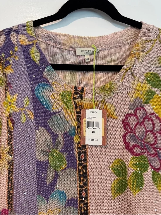 NWT Etro Pink Floral Patchwork Short-Sleeve Knit Top Size IT-48 - Picture 2 of 7